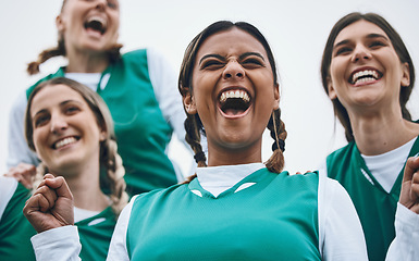 Image showing Sports, celebration and portrait of happy woman with team, achievement and winning at challenge. Diversity, hockey and excited group of women, winner at competition with smile and success at stadium.