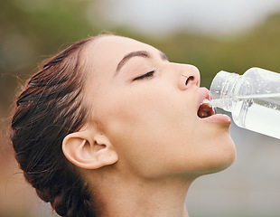 Image showing Outdoor, wellness and woman drinking water, fitness and tired with fatigue, nutrition and workout. Person, runner and athlete with hydration, liquid or thirsty with health, bottle with aqua or sports