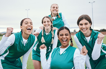 Image showing Sports, field and portrait of happy woman with team, celebration and award winning at challenge. Diversity, hockey and excited group of women, winner at competition with smile and success at stadium.