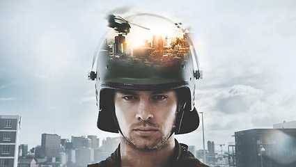 Image showing Soldier man, army and double exposure for war, city and helicopter with explosion, sad and stress in portrait. Warrior, hero and military service agent in helmet, bomb and warzone in Ukraine conflict