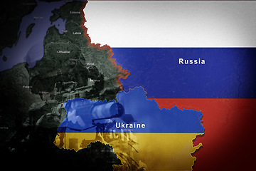 Image showing Map, Ukraine and Russia flag with double exposure, war and soldier with gun, shooting or battlefield. Global conflict, satellite view and international warzone for freedom, military or human rights