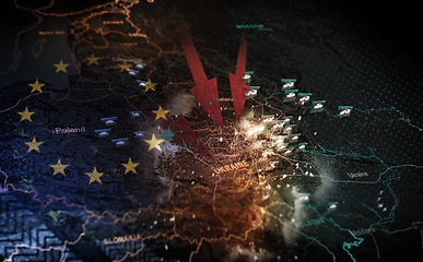 Image showing Ukraine map, war and satellite for Europe flag, arrow illustration and target in conflict with Russia. Global battlefield, warzone and fight for human rights, politics or freedom with double exposure