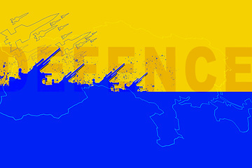 Image showing Ukraine flag, missile launch or conflict with Russia for freedom, justice and human rights with machine weapon. Bomb, shooting and war with gun, military or army illustration in service for country