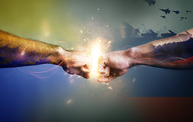 Image showing Hands, fist and double exposure with men at war closeup for support, motivation or teamwork. Flare, overlay or explosion for collaboration with people fighting for freedom in the army or military