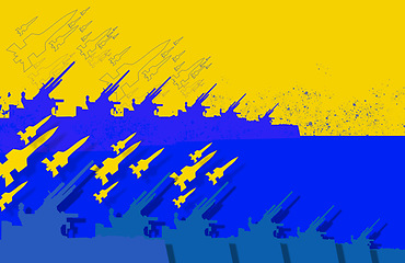 Image showing Ukraine flag, missile launch or war with Russia for freedom, justice or human rights with machine weapon. Bomb, shooting or drone strike with gun, military or army illustration in service for country
