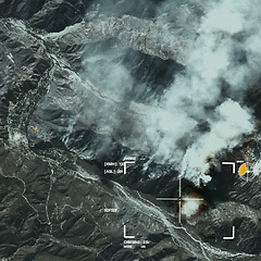 Image showing Earth, target and war with aerial satellite view for missile launch, explosion and smoke in global conflict. Drone strike, warzone and apocalypse with bomb, shooting and mountains with nuclear energy