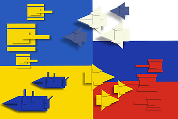 Image showing Conflict, Ukraine and Russia flag with jet, tank and warship with 3D illustration, infrastructure and transportation. Warzone, plane and boat for bomb, shooting or fight for freedom with human rights