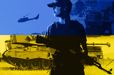 Image showing Soldier man, gun and double exposure for Ukraine flag, war and fight for human rights, freedom or justice. Military service agent, tank and helicopter for conflict, shooting and apocalypse in warzone