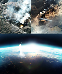 Image showing Missile launch, earth and aerial view from space for war, bomb and global conflict in apocalypse. Rocket, nuclear weapon and drone strike from army, military and warzone with explosion on landscape