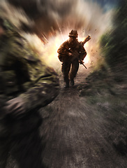 Image showing Soldier, military and battlefield with explosion, conflict and combat with army, violence and warrior. Warzone, service or mission with gear, fight or people outdoor, bomb or hero with defence or gun