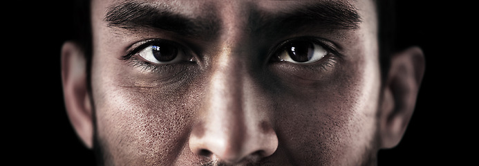 Image showing Closeup, soldier and face in sad with depression, anxiety and mental health with black background. Banner, eyes and war crime with man veteran with trauma, ptsd and treatment for anger management