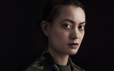 Image showing Portrait, soldier and face by black background for mental health with frustration, anxiety and depression. Mockup, Korean veteran and hero with trauma, ptsd and treatment for insomnia for memory