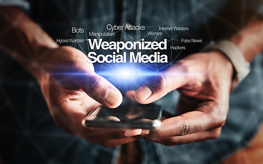 Image showing Hands, smartphone and online for crime with security, social media and weapon in closeup on overlay. Black, person and cybercrime for internet, web and defence of attack with technology by hacking