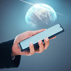 Image showing Person, hands and phone with 3D globe, mockup screen or hologram for global communication or networking. Closeup of user holding mobile smartphone display for social media world or internet service