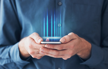 Image showing Hands, person and smartphone with hologram, typing and futuristic with connection, social media or metaverse. Closeup, employee or consultant with a cellphone, holographic or digital app with network