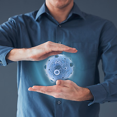 Image showing Man, closeup and hologram with virus, healthcare and cure with employee, vaccination and cancer cell. Person, worker and holographic with biotech, futuristic and data analytics on a studio background