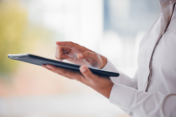 Image showing Woman, hands and tablet in research, networking or social media for online communication at office. Closeup of female person or employee with technology in browsing, web search or design at workplace