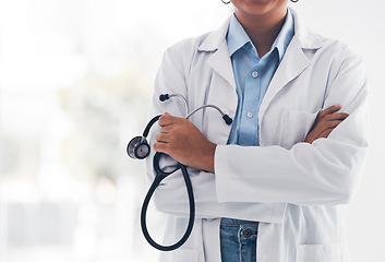 Image showing Doctor hands, arms crossed and person with stethoscope for healthcare commitment, lung support or cardiovascular help. Closeup, cardiology tools or medical expert, surgeon or nurse for health service