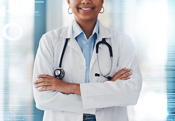 Image showing Doctor hands, arms crossed or overlay person for healthcare study, hospital info or cardiovascular help. Closeup, virtual cardiology data or medical expert, surgeon or nurse for professional services