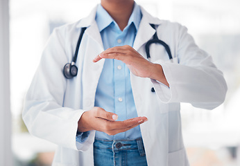 Image showing Hands, medical and a doctor with space in the hospital for artificial intelligence or metaverse innovation. Healthcare, future and palm with a medicine professional closeup in a clinic for analysis