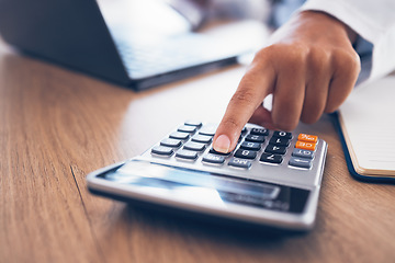 Image showing Administration hands, calculator and typing person calculating bookkeeping finance, bank payroll or savings balance. Asset management, closeup math or accountant working on taxes, audit or compliance