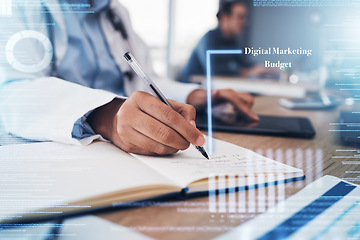 Image showing Tablet, hands and doctor writing in notebook, research and digital marketing budget overlay. Tech, book and medical professional closeup for information, healthcare data and analysis of statistics