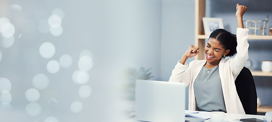 Image showing Bokeh, office and business woman with winning on stock market, financial freedom or investment. Mexican lady, fist pump and happiness with professional by laptop, crypto trading, finance and success