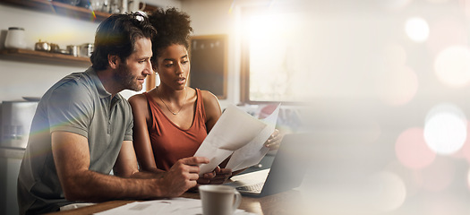 Image showing Laptop, space and an interracial couple in their home for budget planning or finance investment accounting. Documents, mockup or banner with a man and woman reading bank information for savings