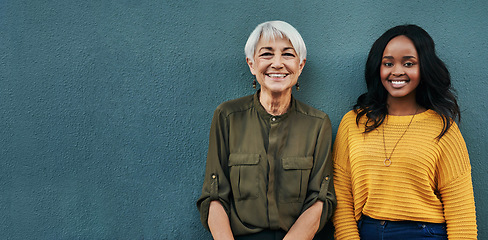 Image showing Smile, portrait and women by a wall with mockup space for advertising, promotion or marketing. Happy, team and interracial female people standing together together by gray background with mock up.