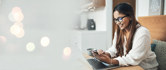 Image showing Business woman, phone and laptop at cafe for remote work, social media and planning in marketing mockup, banner or bokeh overlay. Freelancer at coffee shop, typing or search on mobile for opportunity