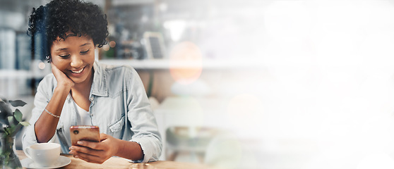 Image showing Banner, cafe and happy woman on smartphone, social media and reading email notification. Coffee shop, smile and person on phone for internet search, communication or mobile app on mockup space bokeh