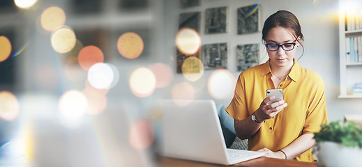 Image showing Remote work from home, laptop and woman with a smartphone, typing and entrepreneur with connection. Person, employee and freelancer with a pc, cellphone and digital app with social media and network