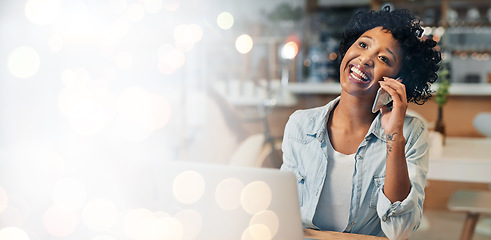 Image showing Business woman, phone call and cafe for remote work, networking and thinking on laptop, banner or bokeh overlay. African freelancer for ideas, vision or startup goals talking on mobile at coffee shop