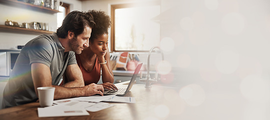 Image showing Laptop, space and an interracial couple in their home for investment planning, finance budget or accounting. Computer, mock up or banner with a man and woman reading bank information for savings