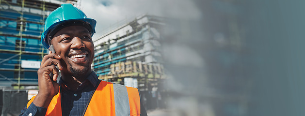 Image showing Phone call, engineering man and happy city planning, construction site communication and dust overlay or banner. African builder or project manager talking on mobile for architecture ideas and mockup