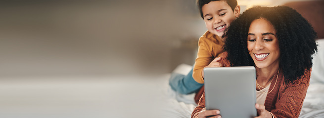 Image showing Love, tablet or mother with child on a bed with mockup, social media or streaming subscription at home. Digital, space and mom with kid son in a bedroom happy, relax and online for movies or games