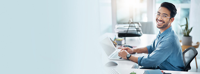 Image showing Business man, laptop and portrait for information technology, software development and banner or mockup. Happy face of asian employee or IT expert with solution on computer for startup tech company