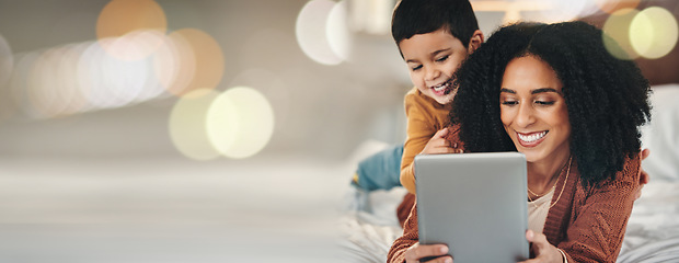 Image showing Bokeh, tablet or mother with child on a bed with mockup, social media or streaming subscription at home. Digital, space and mom with kid son in a bedroom happy, relax and online for movies or games