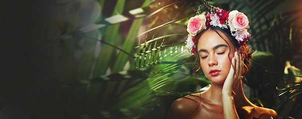 Image showing Face, beauty and flower crown with a woman on space for natural wellness, green or organic skincare. Spring, nature or rose with a confident young model on a banner or mockup for cosmetic marketing