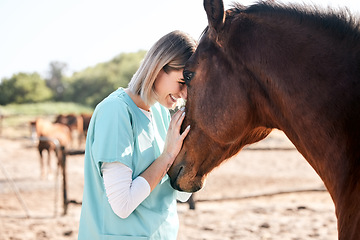 Image showing Vet, doctor and woman with care for horse for medical examination, research and health check. Healthcare, nurse and happy person on farm for inspection, wellness and veterinary treatment on ranch