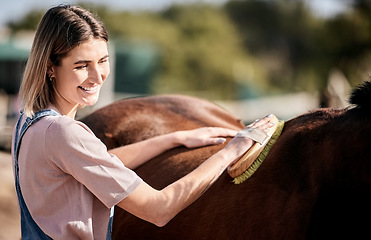 Image showing Horse, grooming and woman with brush on ranch for animal care, farm pet and cleaning in countryside. Farming, happy and person with stallion brushing mane for wellness, healthy livestock and hygiene