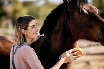 Image showing Horse, cleaning and woman with brush on ranch for animal care, farm pet and grooming in countryside. Farming, happy and person with stallion for brushing mane for wellness, healthy livestock and work