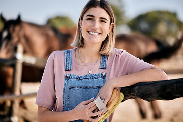 Image showing Horse, portrait and woman with brush on ranch for animal, farm pet and grooming in countryside. Farming, cleaning and person with stallion for brushing mane for wellness, healthy livestock and care