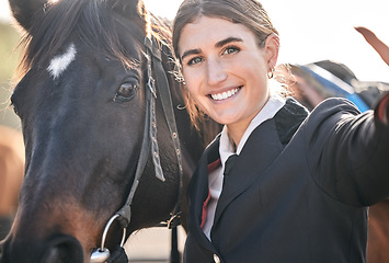 Image showing Selfie, horse riding and a woman with her animal on a ranch for sports, training or a leisure hobby. Portrait, smile or equestrian and a happy young stable rider in uniform outdoor for competition