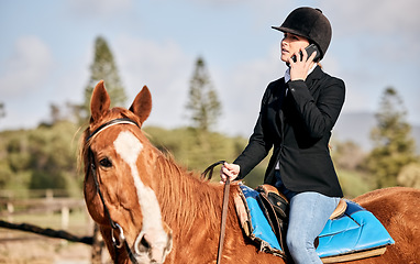 Image showing Horse, phone call and woman in the countryside with sport, equestrian and communication. Animal, farm and talking with female athlete and mobile conversation outdoor with pet and discussion in field