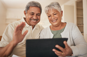 Image showing Home, video call and senior couple with a tablet, hello and greeting with communication, connection and speaking. Internet, happy old man and elderly woman with technology, conversation and waving