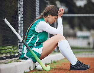 Image showing Player, headache and woman with burnout, hockey and anxiety with fitness, mistake and depression. Person, athlete and girl outdoor, migraine and stress with mental health, lose and sports with injury