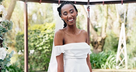 Image showing Wedding, portrait of bride with smile in gazebo with garden for celebration of love, future and commitment. Outdoor marriage, flowers and plants, happy black woman in nature, sunshine and park event.