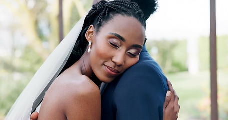 Image showing Happy, face and groom dance with bride with slow motion, movement and peace in outdoor, wedding or reception. Calm, couple and woman dancing with head on man shoulder with love and support together