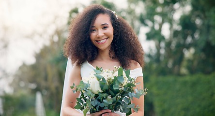 Image showing Wedding in garden, portrait of bride with flower bouquet and smile for celebration of love, future and commitment. Outdoor marriage ceremony, excited and happy woman with plants, nature and beauty.